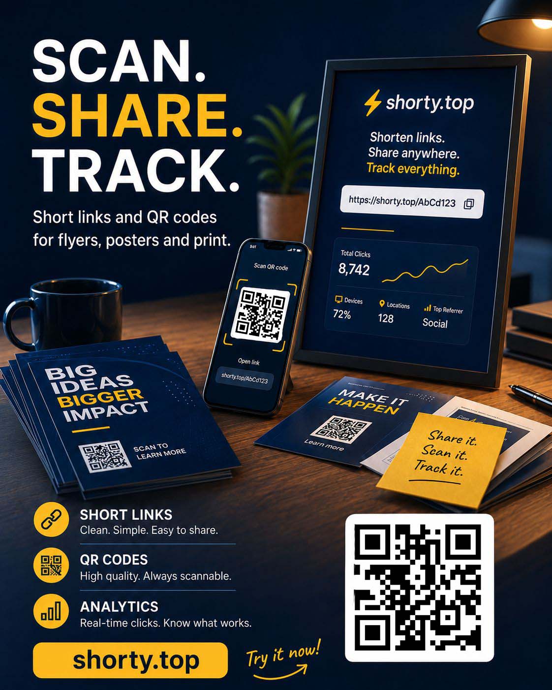 Shorty marketing teaser — short links, QR codes, and analytics for print and digital campaigns